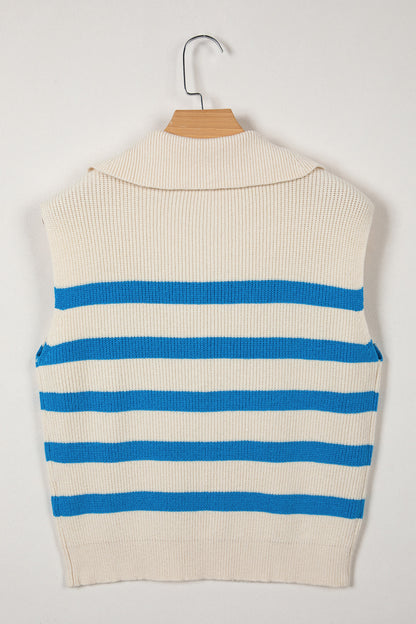 Stripe Ribbed Half-Zip Collar Sleeveless Sweater