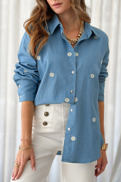 Floral Embroidered Buttoned Tunic Shirt