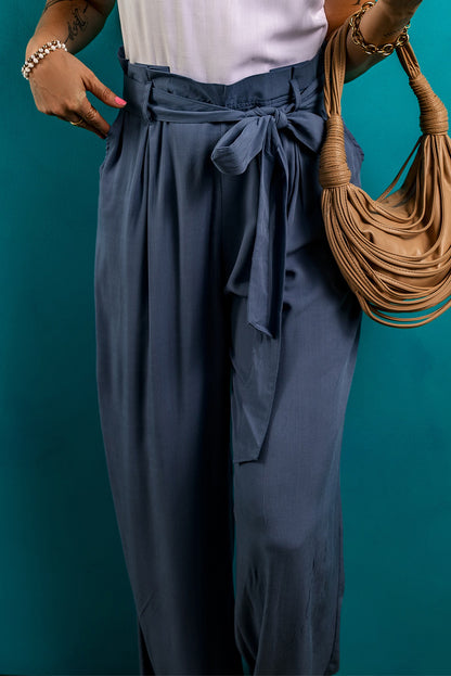 Belted Frilled Waist Wide Leg Pants