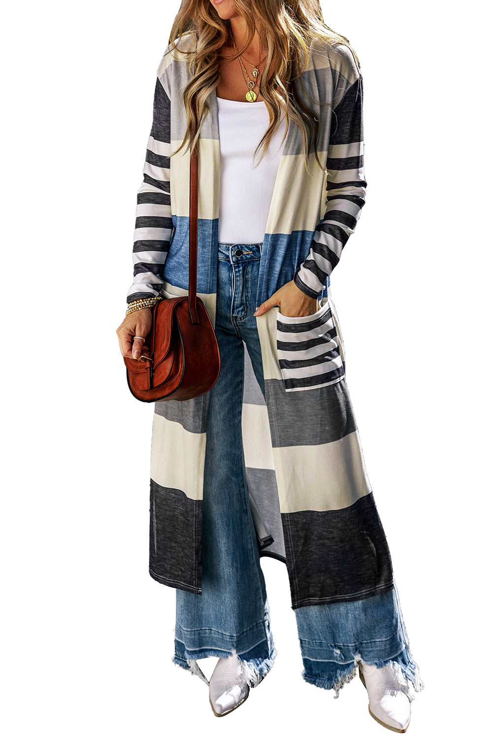 Colorblock Stripe Pocketed Duster Cardigan