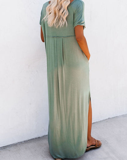 V-Neck Pocketed Maxi Shirt Dress