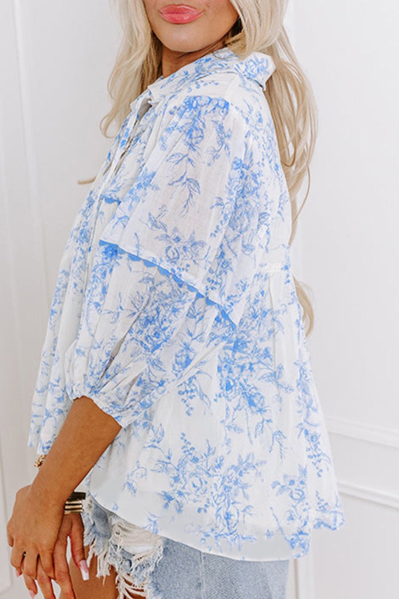 Floral 3/4 Sleeve Collared Blouse