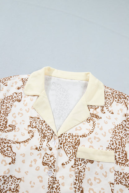 Leopard Pocket Placket Long Sleeve Top and Lounge Bottom Set