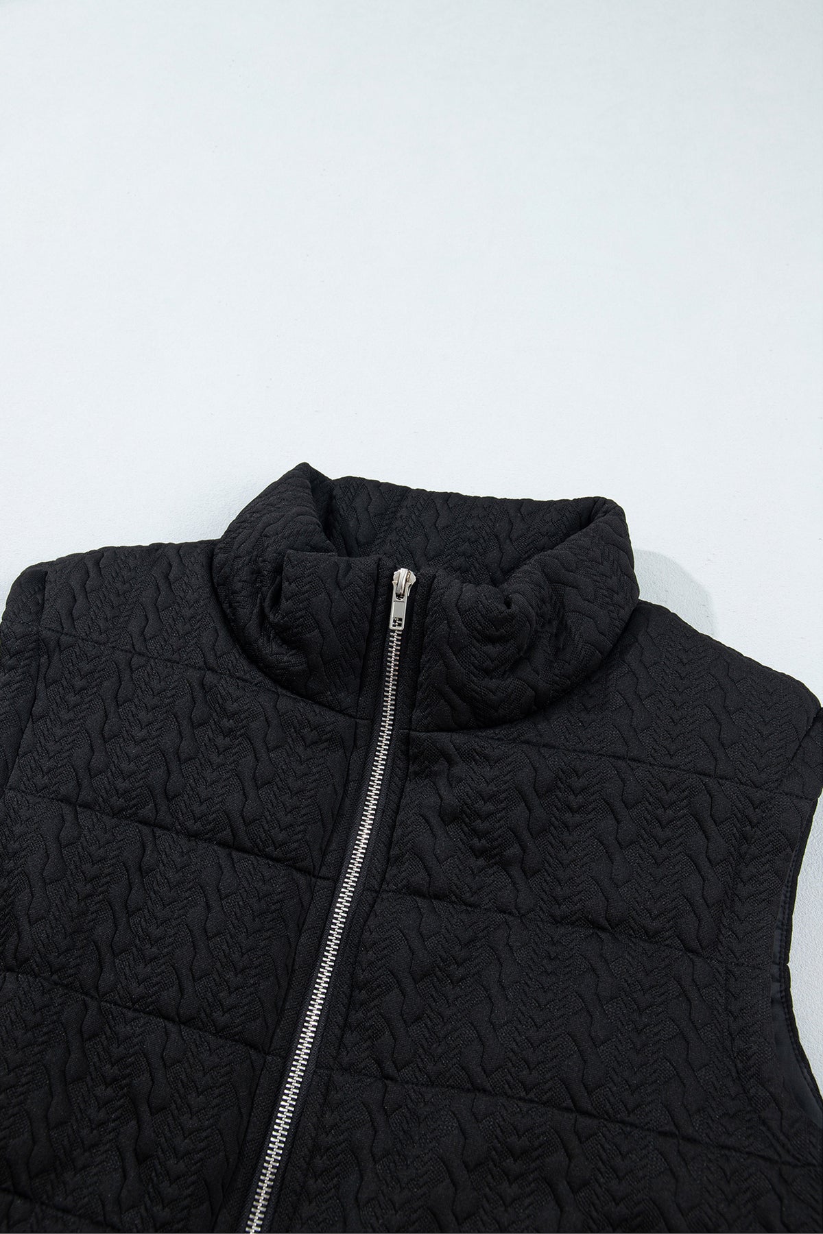 Solid Textured Stand Collar Zip Up Puffer Vest