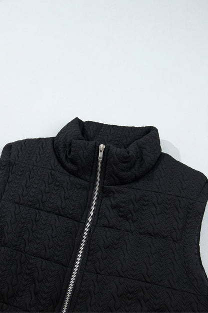 Solid Textured Stand Collar Zip Up Puffer Vest