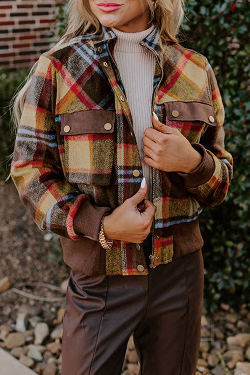 Plaid Button Stand Neck Jacket