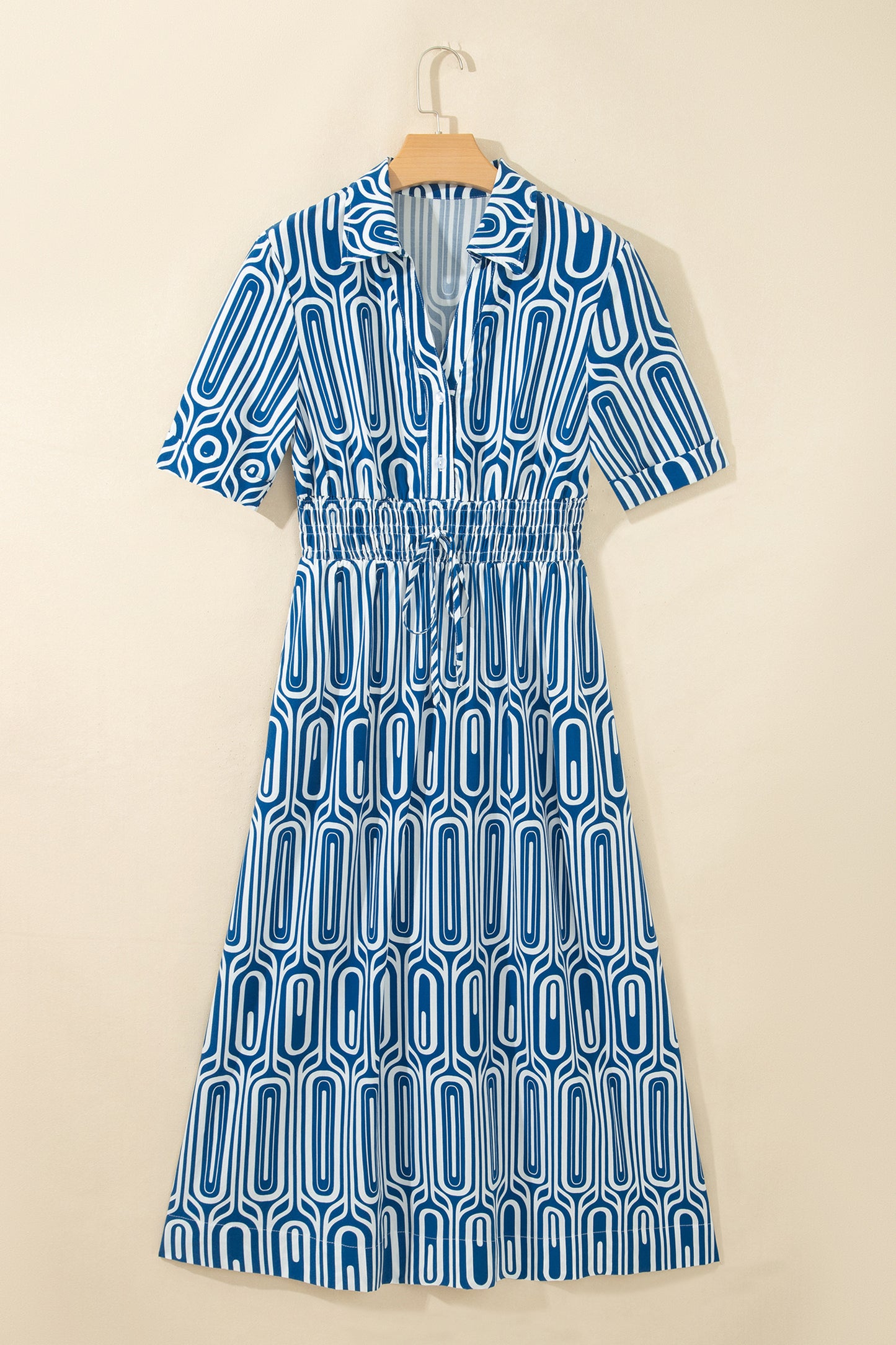 Geometric Drawstring Waist Short Sleeve Midi Dress