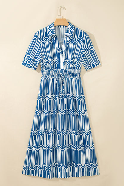 Geometric Drawstring Waist Short Sleeve Midi Dress