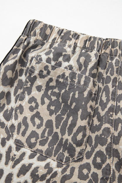 Leopard Stripe Detail Drawstring Denim Shorts