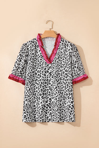 Leopard Ruffle Trim V-Neck Short Sleeve Blouse
