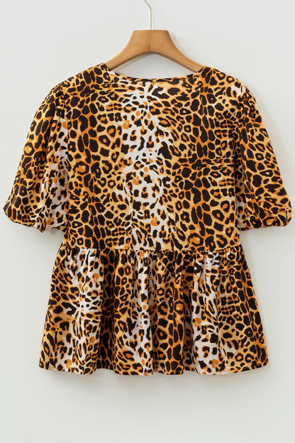 Leopard Short Puff Sleeve Babydoll Top