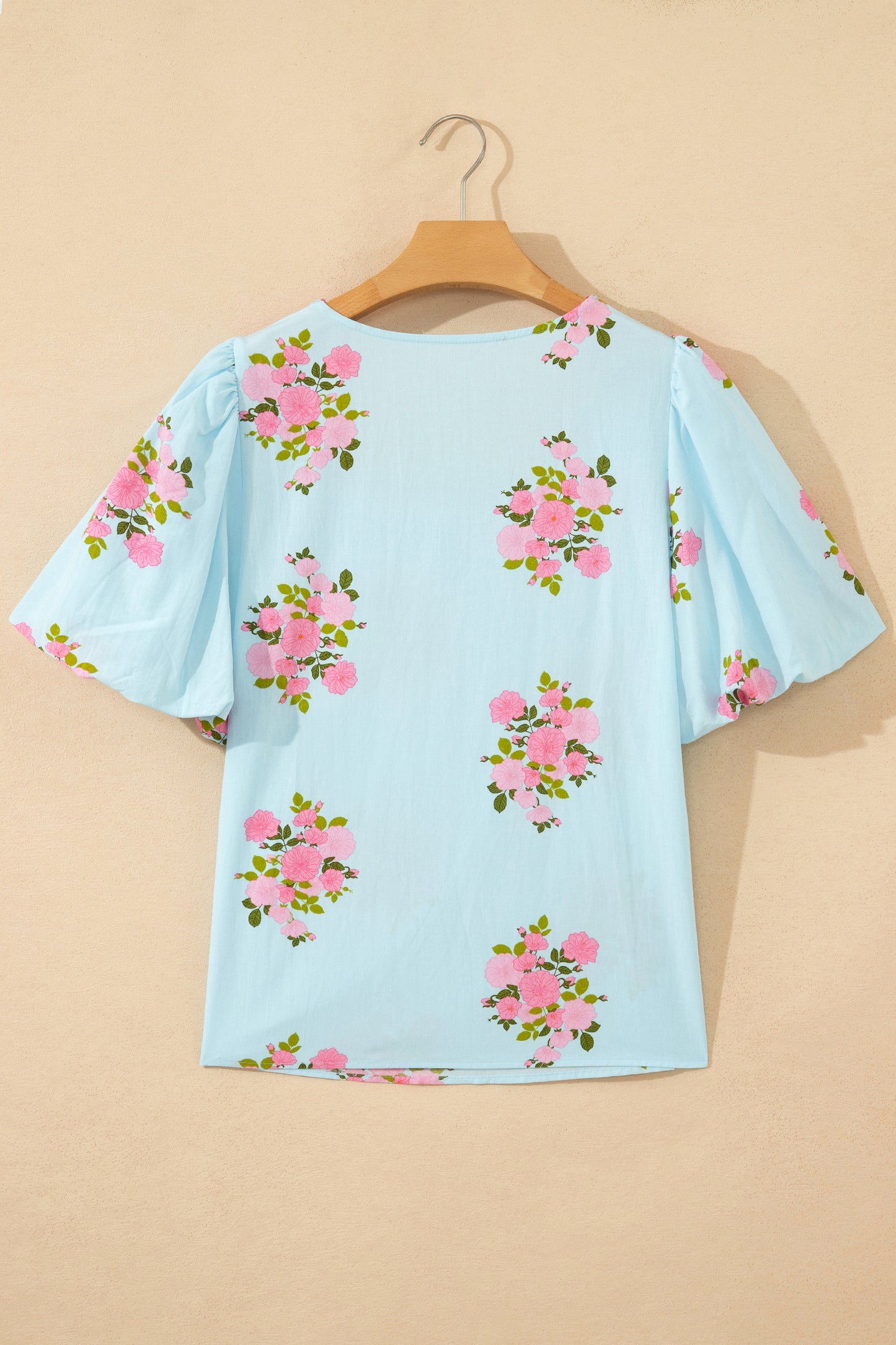 Floral Contrast Ricrac Trim Bubble Sleeve Blouse