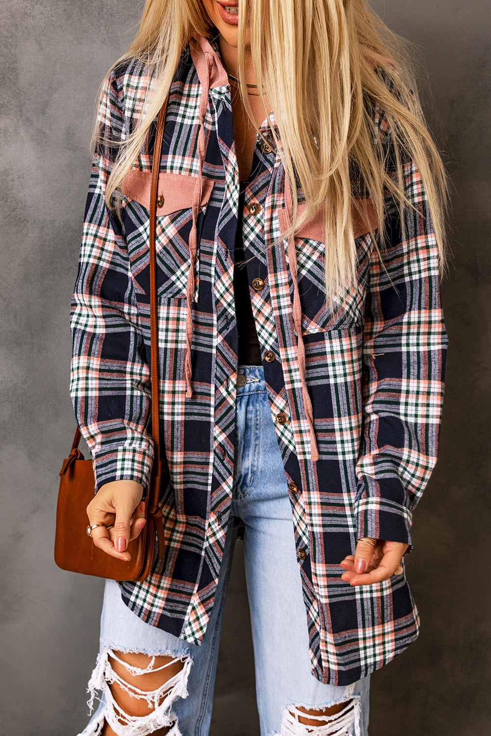 Plaid Contrasting Hood Pocketed Shacket