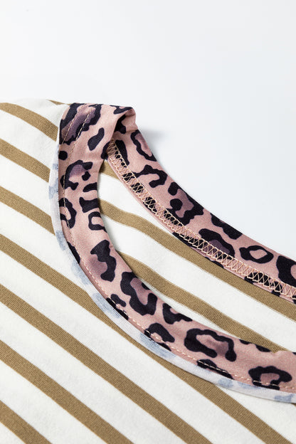 Stripe Leopard Patchwork Round Neck T-Shirt