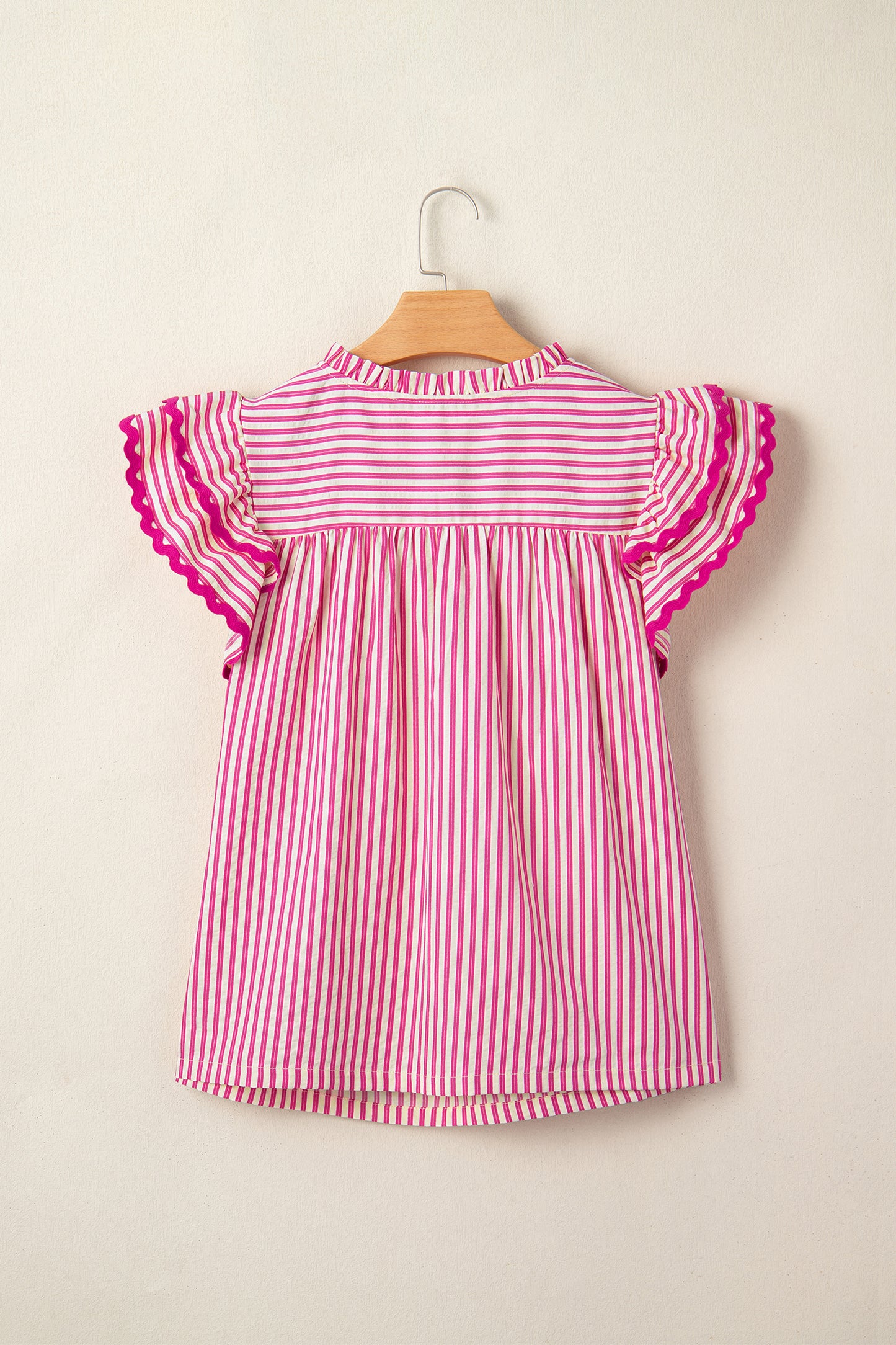 Stripe Smocked Yoke Short Sleeve Ruffle Blouse