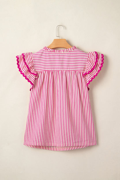 Stripe Smocked Yoke Short Sleeve Ruffle Blouse