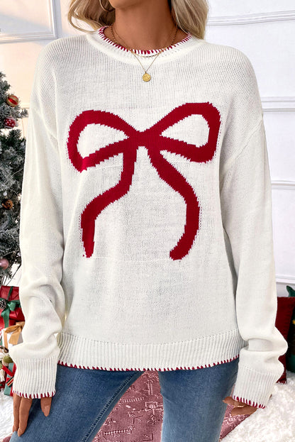 Bow Contrast Trim Christmas Sweater