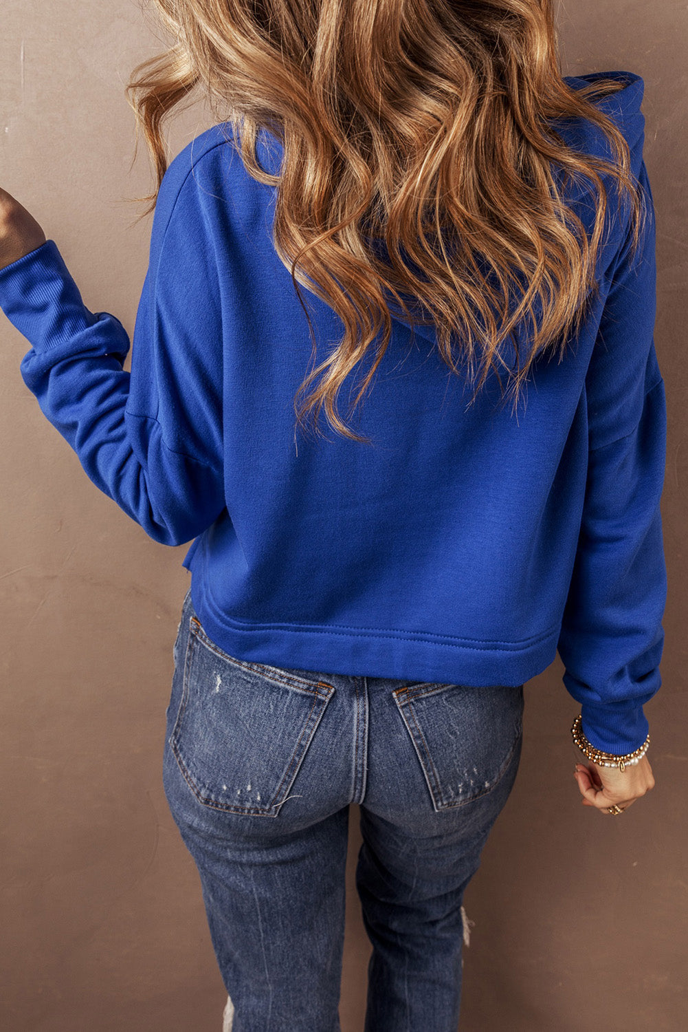 Solid Drop Shoulder Cropped Hoodie