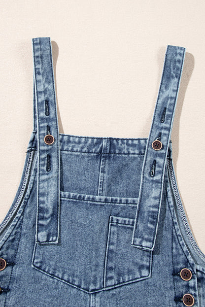 Solid Denim Distressed Bib Pocket Wide Leg Overall
