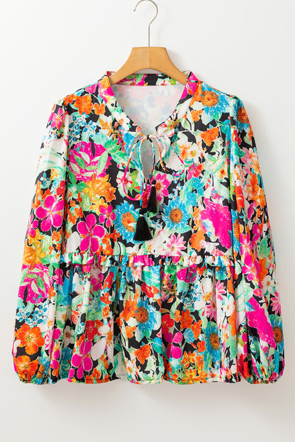 Floral Bubble Sleeve Ruffle Blouse