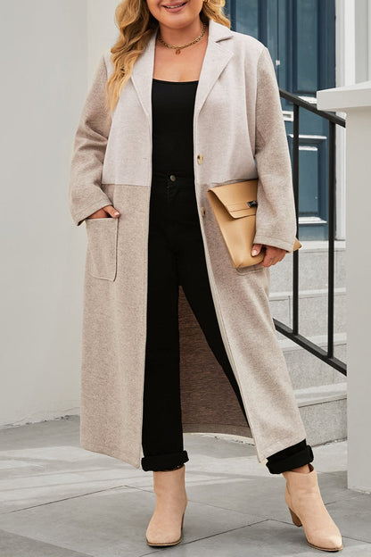 Plus Size Colorblock Lapel Collar Long Coat