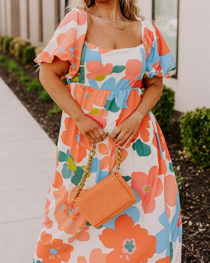 Floral Puff Sleeve Maxi Dress Plus Size