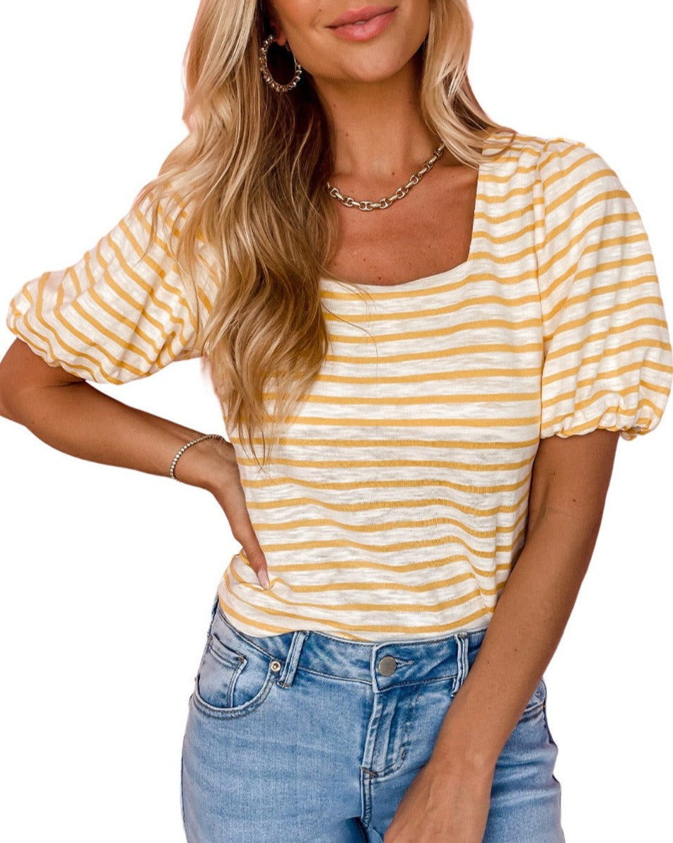 Stripe Square Neck Puff Sleeve Top