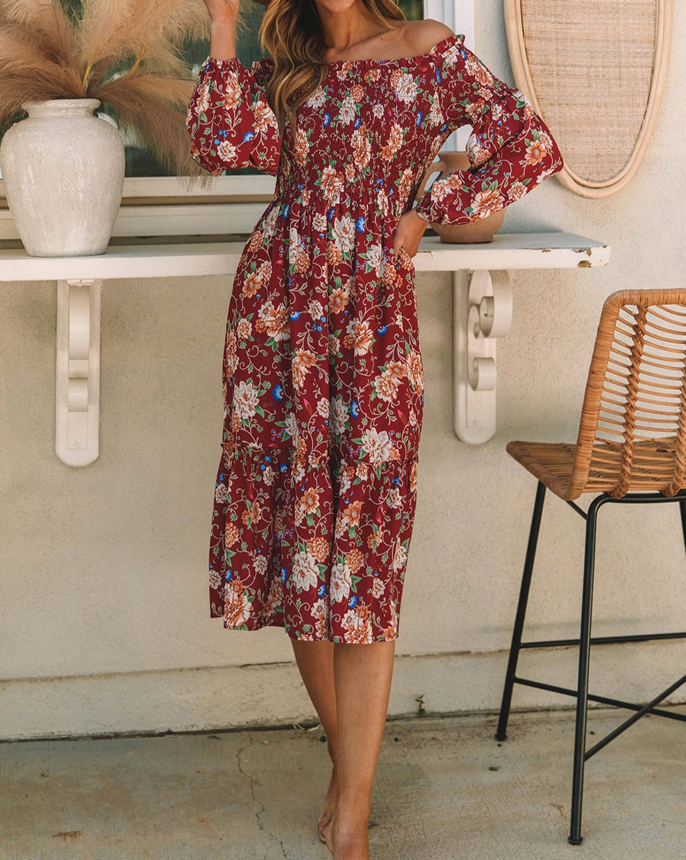 Floral Smocked Belted Midi Dress