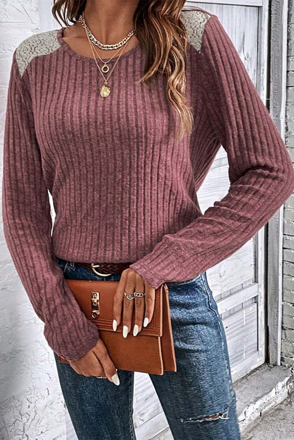 Ribbed Lace Shoulder Patch Sweater