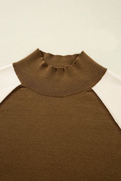 Colorblock Raglan Puff Sleeve Mock Neck Sweater
