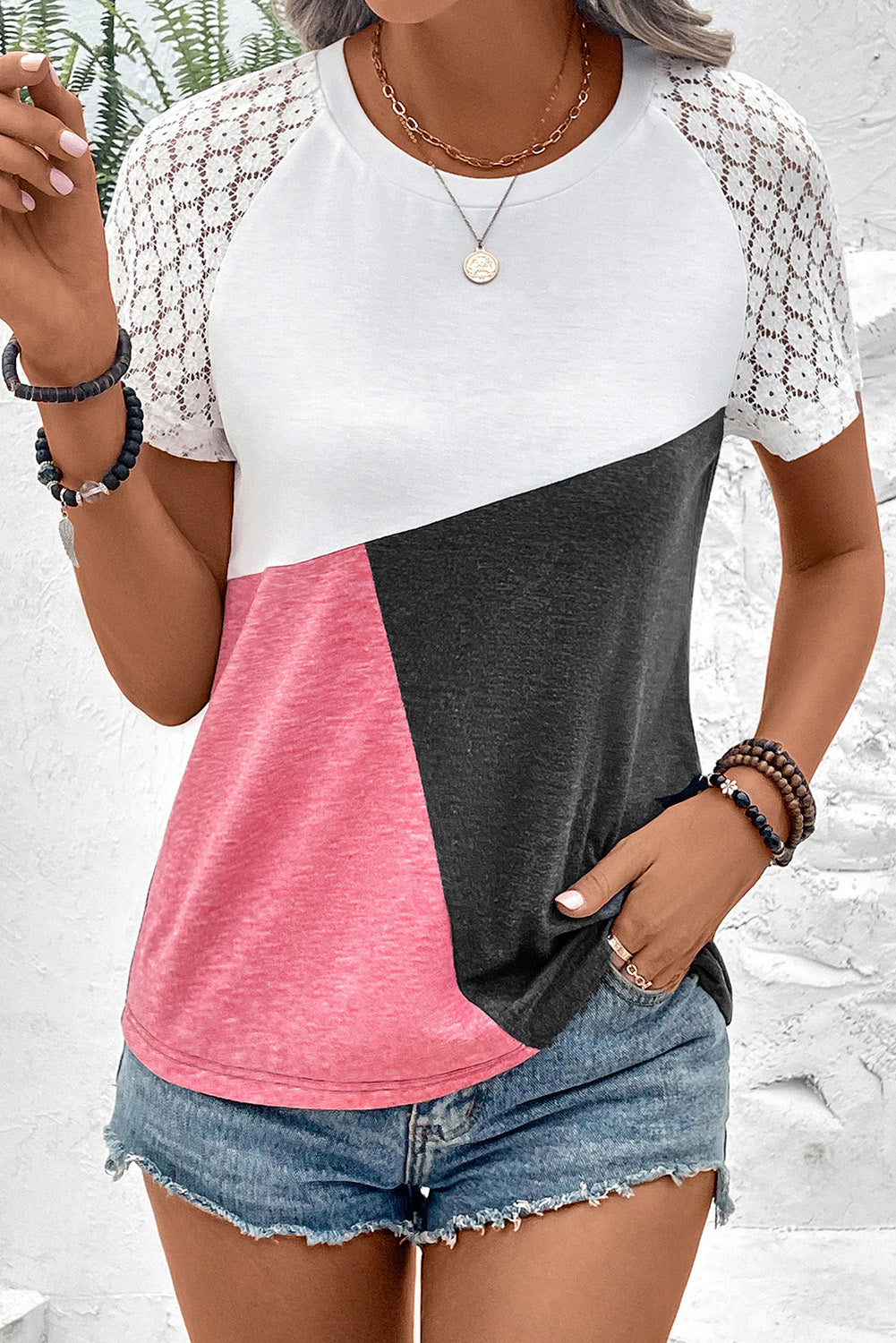 Multicolor Color Block Lace Patchwork Short Sleeve T Shirt