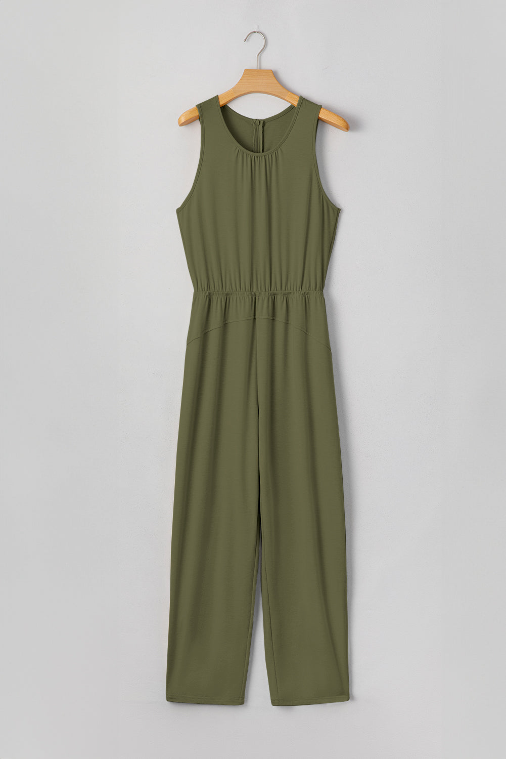 Solid Pleated Detail Sleeveless Elastic Waist Jumpsuit