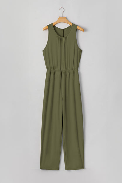 Solid Pleated Detail Sleeveless Elastic Waist Jumpsuit