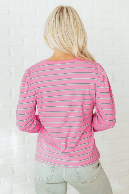 Stripe Textured Knit Round Neck Long Sleeve Top
