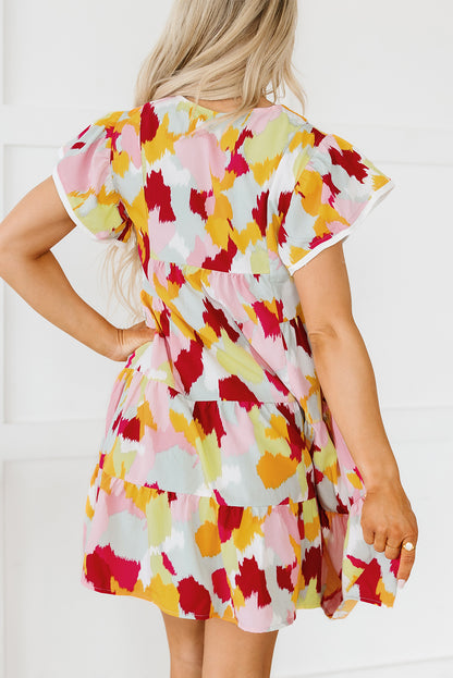 Abstract Flutter Sleeve Tiered Dress