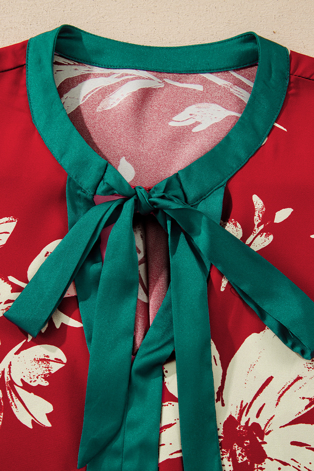 Flower Tied Neck Shirred Puff Sleeve Blouse