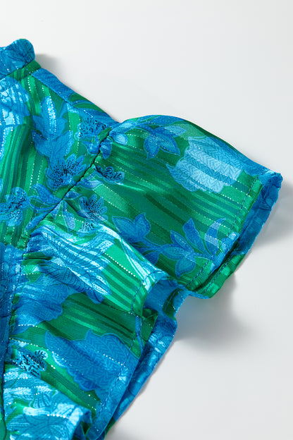 Floral Ruffle Sleeve Keyhole Back Blouse