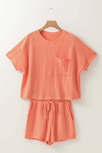 Textured Short Sleeve Top And Shorts Set