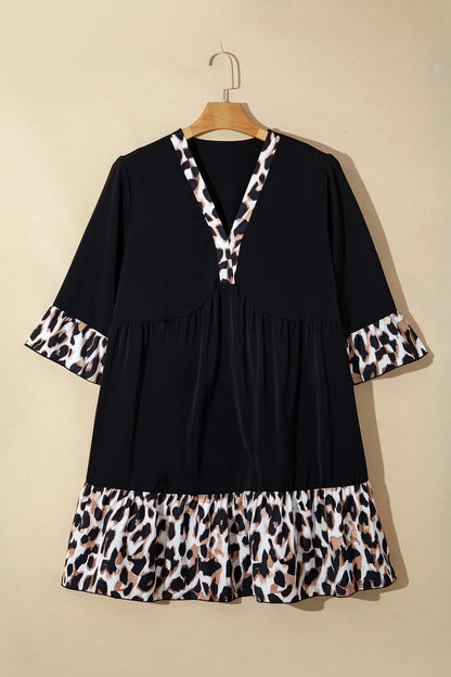Plus Size Leopard Patchwork V-Neck Ruffle Dress