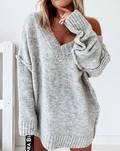 Ribbed V-Neck Exposed Seam Sweater