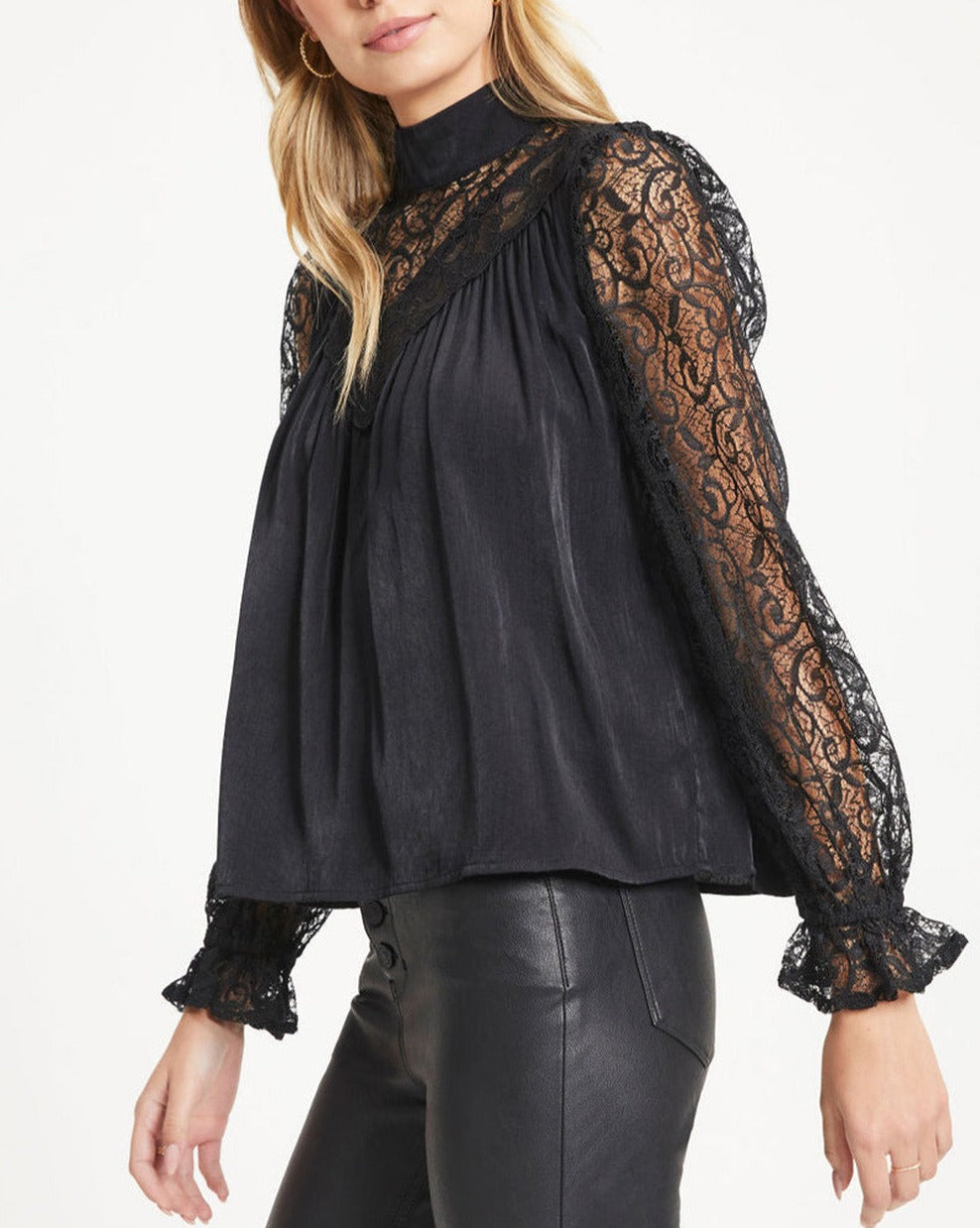 Lace Mock Neck Long Sleeve Blouse