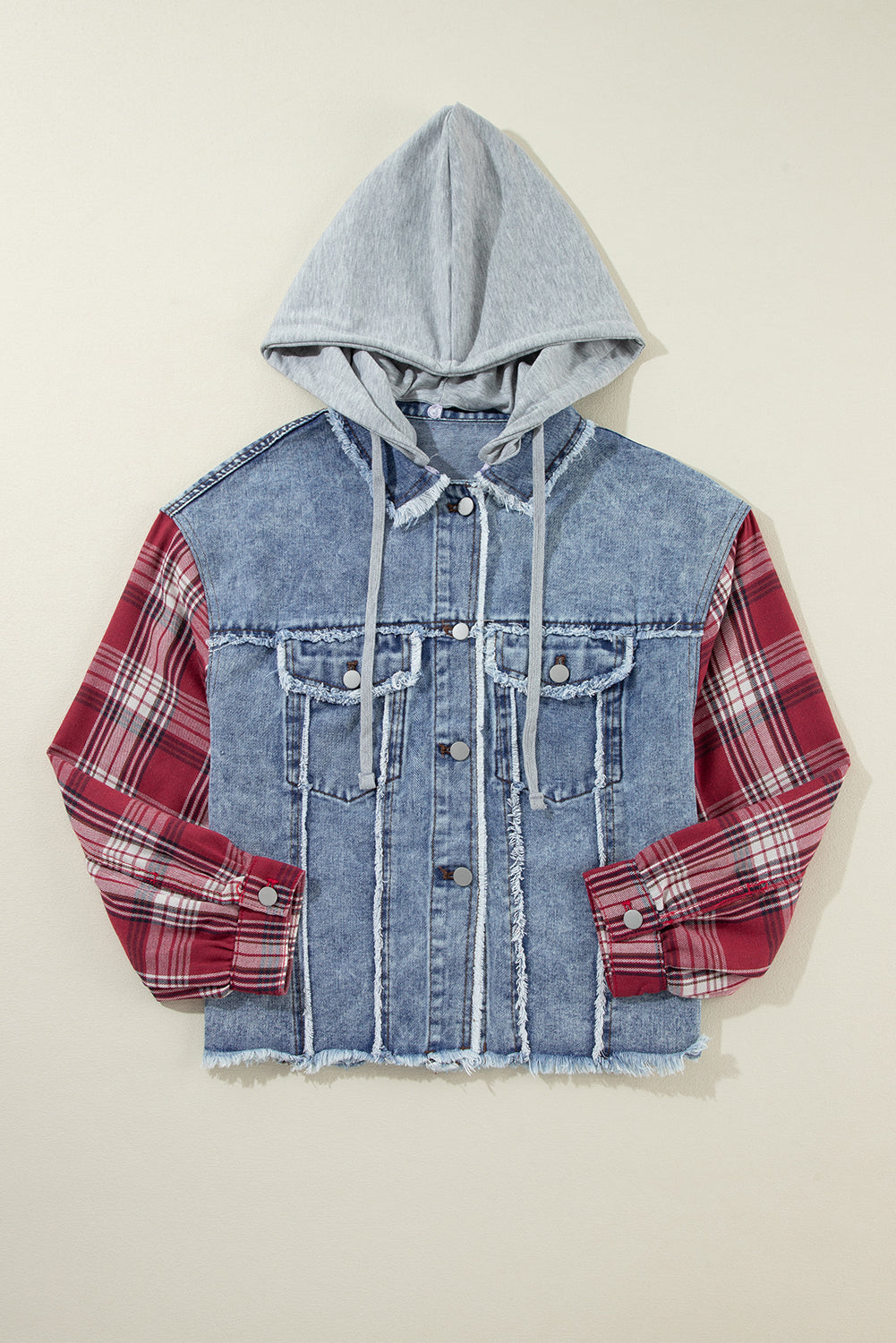 Plaid Patchwork Hooded Denim Jacket