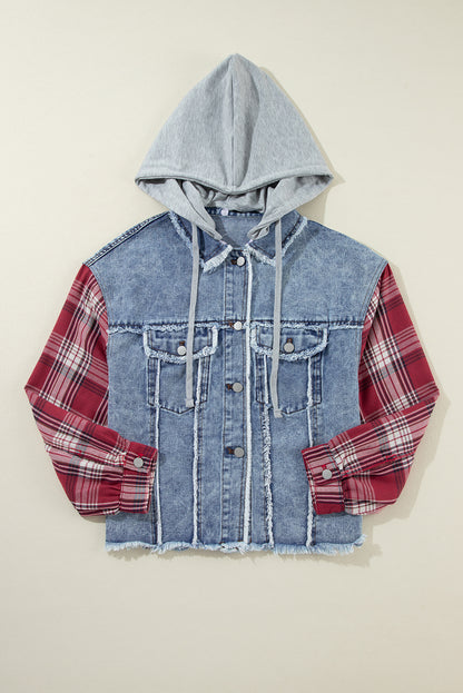 Plaid Patchwork Hooded Denim Jacket
