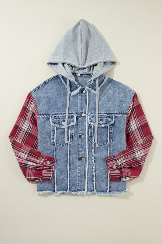 Plaid Patchwork Hooded Denim Jacket