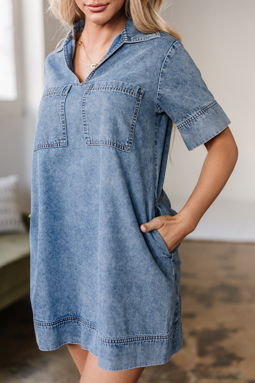 Solid Denim Collared Patch Pocket Mini Dress