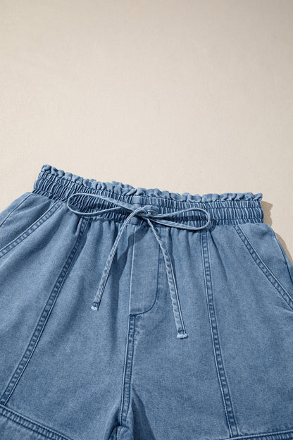Solid Denim Smocked Elastic Waist Shorts
