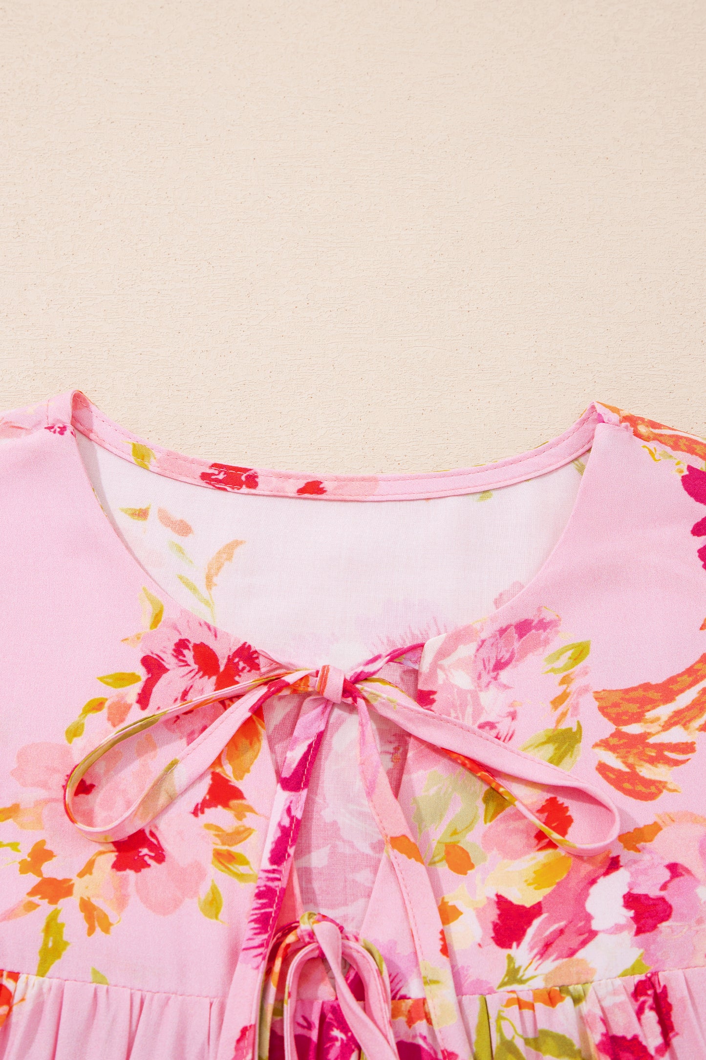 Floral Tie Neck 3/4 Puff Sleeve Blouse