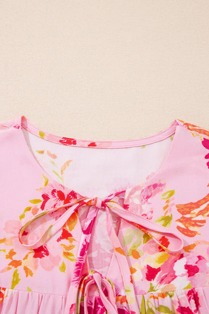 Floral Tie Neck 3/4 Puff Sleeve Blouse