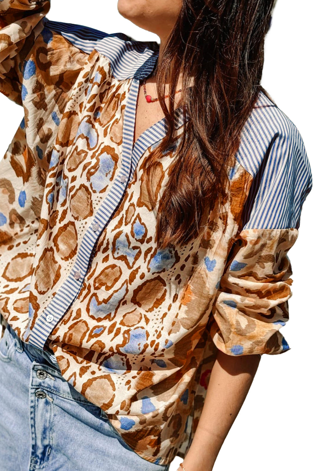 Leopard Stripe Patchwork V-Neck Shirt