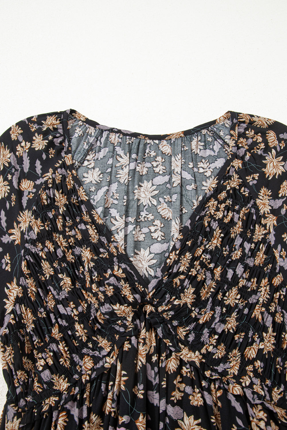 Floral Smocked V-Neck Bubble Sleeve Babydoll Dress